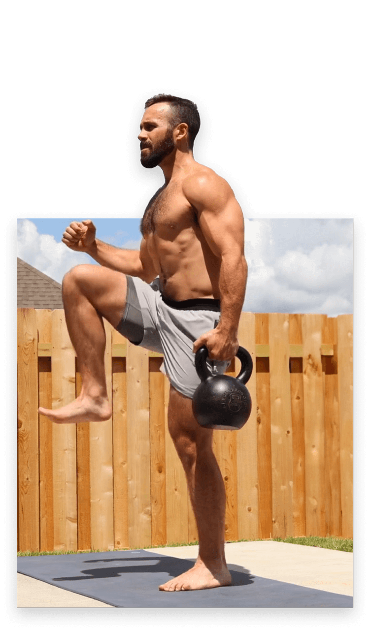 Image of a fitness instructor balancing a kettlebell outdoors in the sun