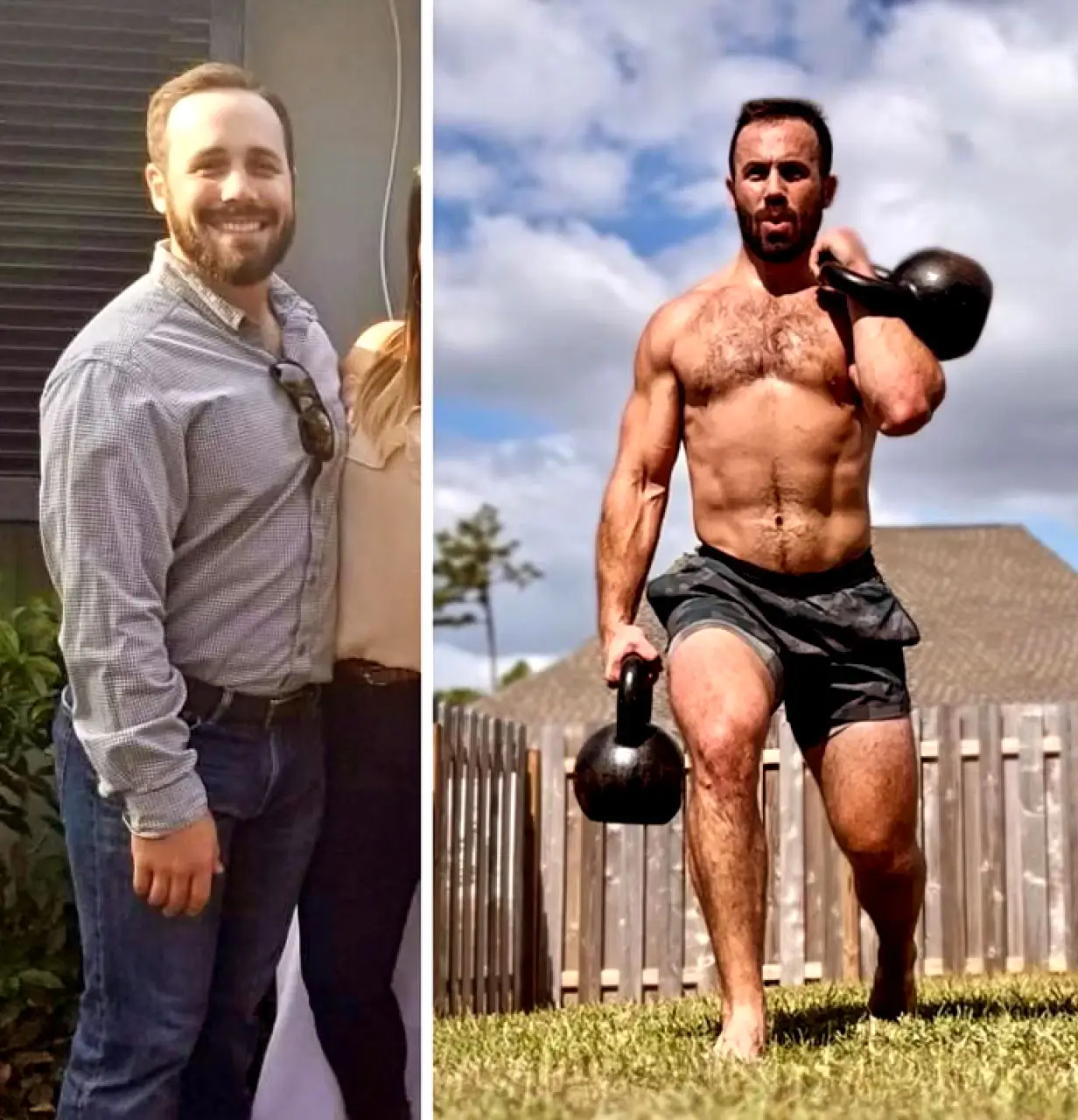 A before and after image of a male that underwent fitness training